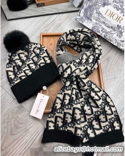 Cheapest Dior Oblique Knit Hat and Scarf Set CD1123 Black 2023