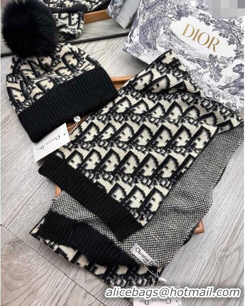 Cheapest Dior Oblique Knit Hat and Scarf Set CD1123 Black 2023