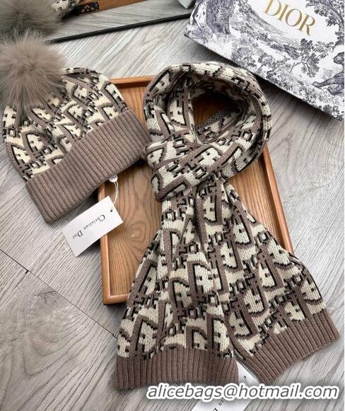 Unique Grade Dior Oblique Knit Hat and Scarf Set CD1123 Khaki 2023