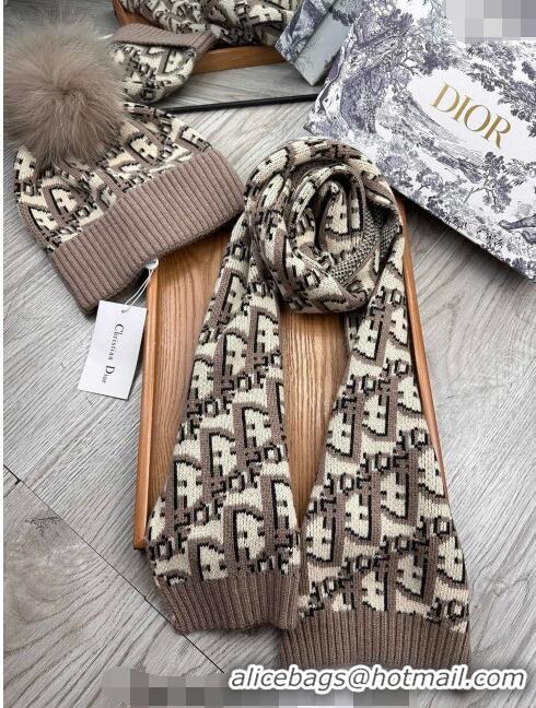 Unique Grade Dior Oblique Knit Hat and Scarf Set CD1123 Khaki 2023