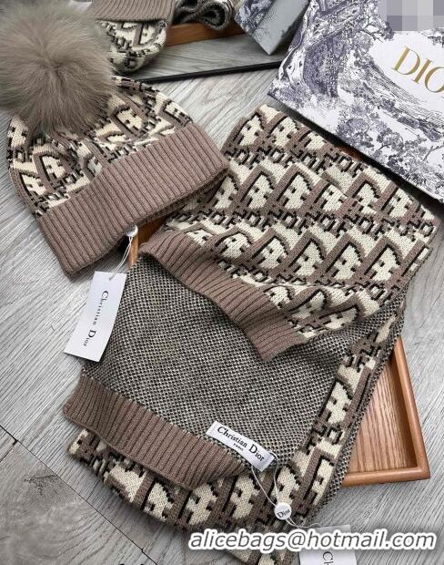 Unique Grade Dior Oblique Knit Hat and Scarf Set CD1123 Khaki 2023