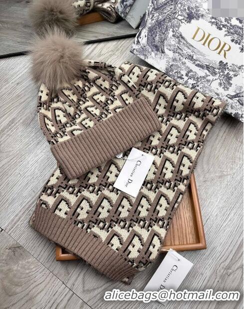 Unique Grade Dior Oblique Knit Hat and Scarf Set CD1123 Khaki 2023