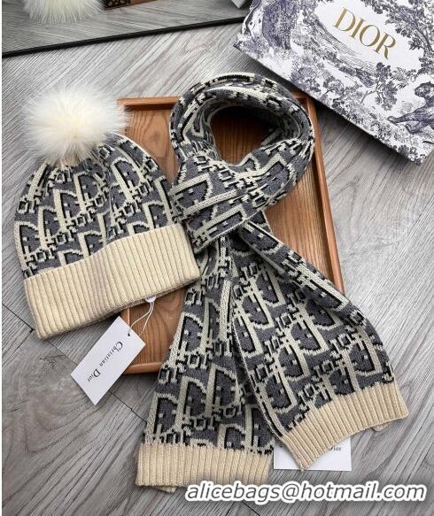 Low Cost Dior Oblique Knit Hat and Scarf Set Light CD1123 Beige 2023