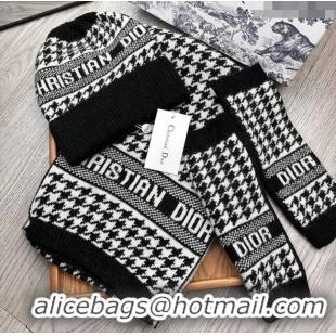 Good Taste Dior Houndtooth Knit Gloves, Hat and Scarf Set CD1123 Black 2023