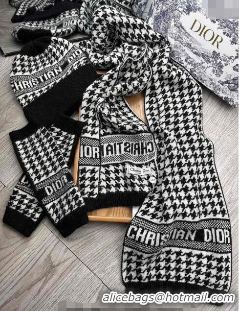 Good Taste Dior Houndtooth Knit Gloves, Hat and Scarf Set CD1123 Black 2023