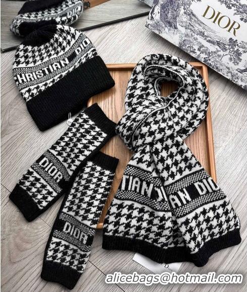 Good Taste Dior Houndtooth Knit Gloves, Hat and Scarf Set CD1123 Black 2023