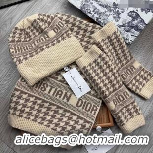 New Style Dior Houndtooth Knit Gloves, Hat and Scarf Set CD1123 Beige 2023