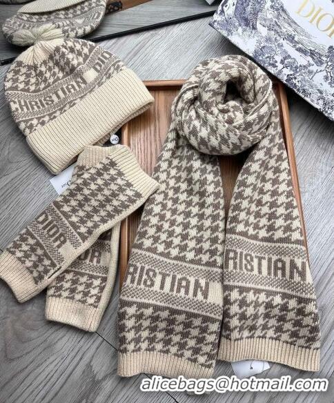 New Style Dior Houndtooth Knit Gloves, Hat and Scarf Set CD1123 Beige 2023