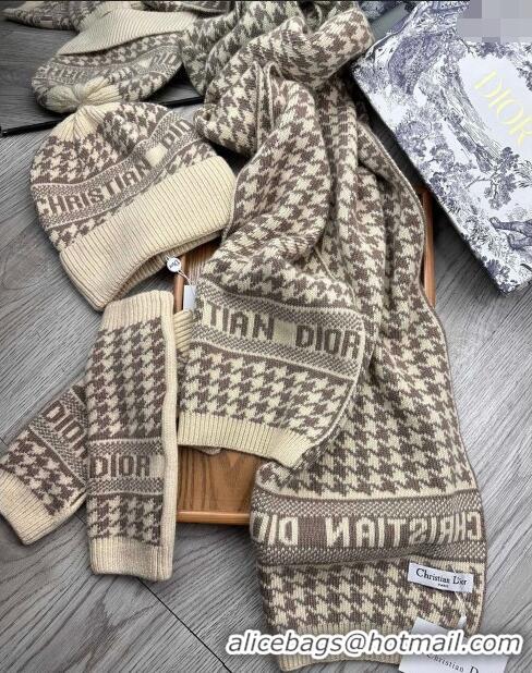 New Style Dior Houndtooth Knit Gloves, Hat and Scarf Set CD1123 Beige 2023