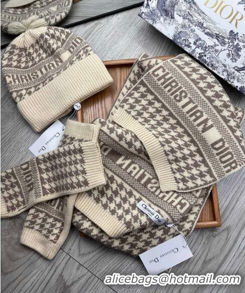 New Style Dior Houndtooth Knit Gloves, Hat and Scarf Set CD1123 Beige 2023