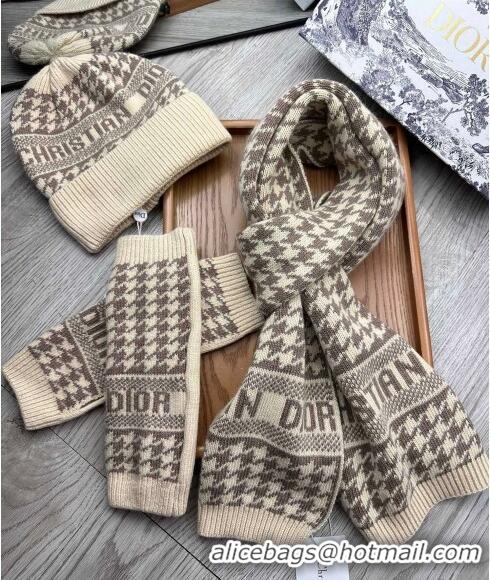 New Style Dior Houndtooth Knit Gloves, Hat and Scarf Set CD1123 Beige 2023