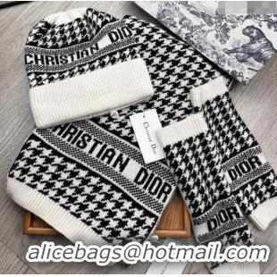 Top Quality Dior Houndtooth Knit Gloves, Hat and Scarf Set CD1123 Black 2023