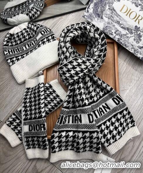 Top Quality Dior Houndtooth Knit Gloves, Hat and Scarf Set CD1123 Black 2023