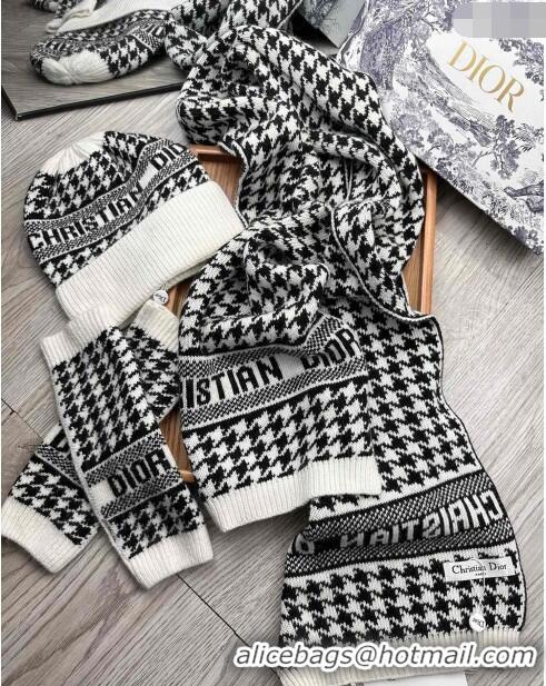 Top Quality Dior Houndtooth Knit Gloves, Hat and Scarf Set CD1123 Black 2023