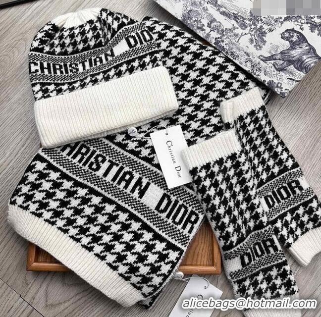 Top Quality Dior Houndtooth Knit Gloves, Hat and Scarf Set CD1123 Black 2023