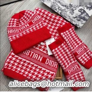 Traditional Specials Dior Houndtooth Knit Gloves, Hat and Scarf Set CD1123 Red 2023