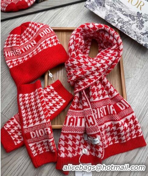 Traditional Specials Dior Houndtooth Knit Gloves, Hat and Scarf Set CD1123 Red 2023