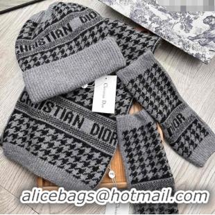 Shop Best Dior Houndtooth Knit Gloves, Hat and Scarf Set CD1123 Grey 2023