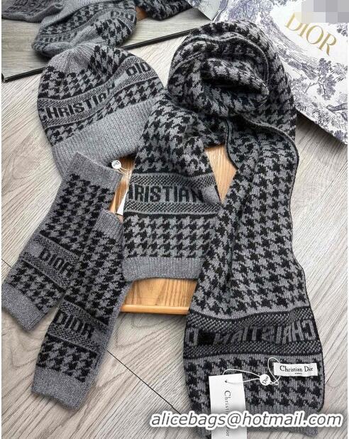 Shop Best Dior Houndtooth Knit Gloves, Hat and Scarf Set CD1123 Grey 2023