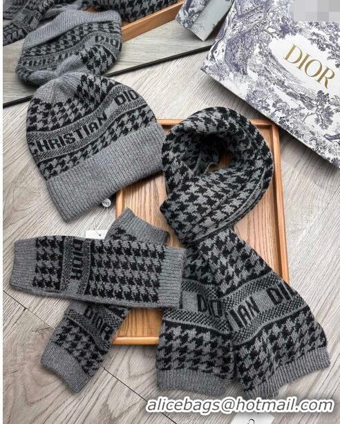 Shop Best Dior Houndtooth Knit Gloves, Hat and Scarf Set CD1123 Grey 2023