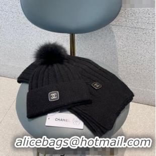 Promotional Chanel Knit Hat and Scarf Set CH1206 Black 2023