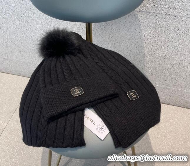 Promotional Chanel Knit Hat and Scarf Set CH1206 Black 2023