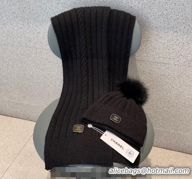 Promotional Chanel Knit Hat and Scarf Set CH1206 Black 2023