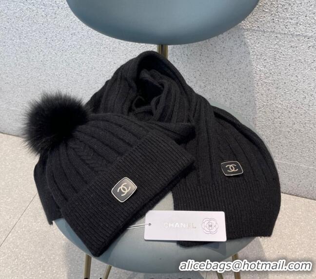 Promotional Chanel Knit Hat and Scarf Set CH1206 Black 2023