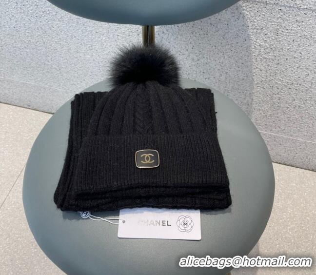 Promotional Chanel Knit Hat and Scarf Set CH1206 Black 2023