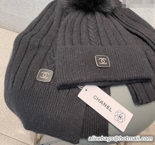 Promotional Chanel Knit Hat and Scarf Set CH1206 Black 2023