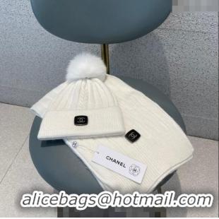 Unique Grade Chanel Knit Hat and Scarf Set CH1206 White 2023