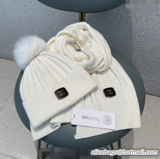 Unique Grade Chanel Knit Hat and Scarf Set CH1206 White 2023