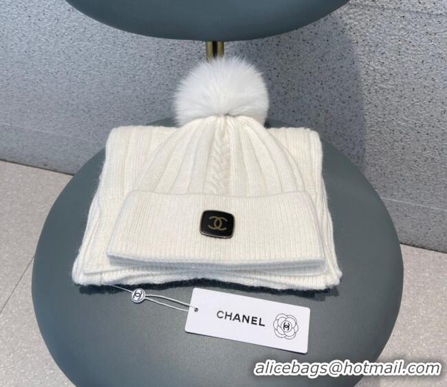 Unique Grade Chanel Knit Hat and Scarf Set CH1206 White 2023