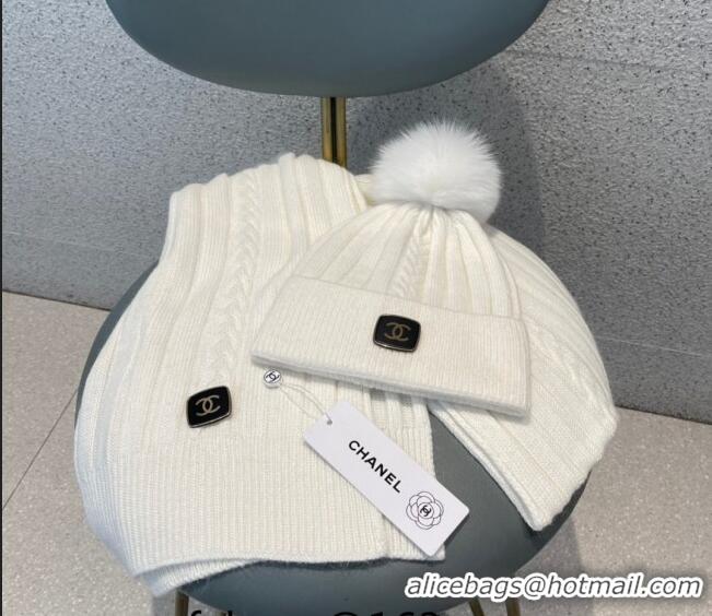 Unique Grade Chanel Knit Hat and Scarf Set CH1206 White 2023