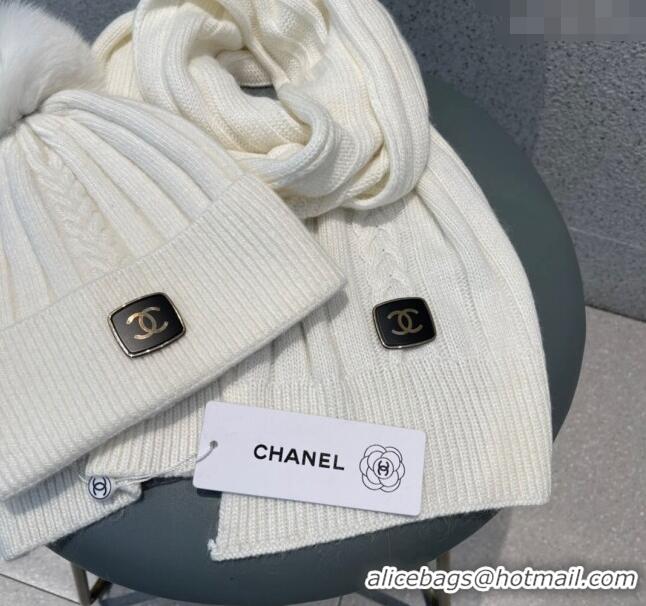 Unique Grade Chanel Knit Hat and Scarf Set CH1206 White 2023