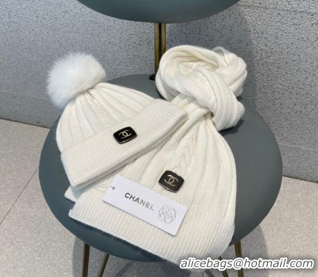 Unique Grade Chanel Knit Hat and Scarf Set CH1206 White 2023