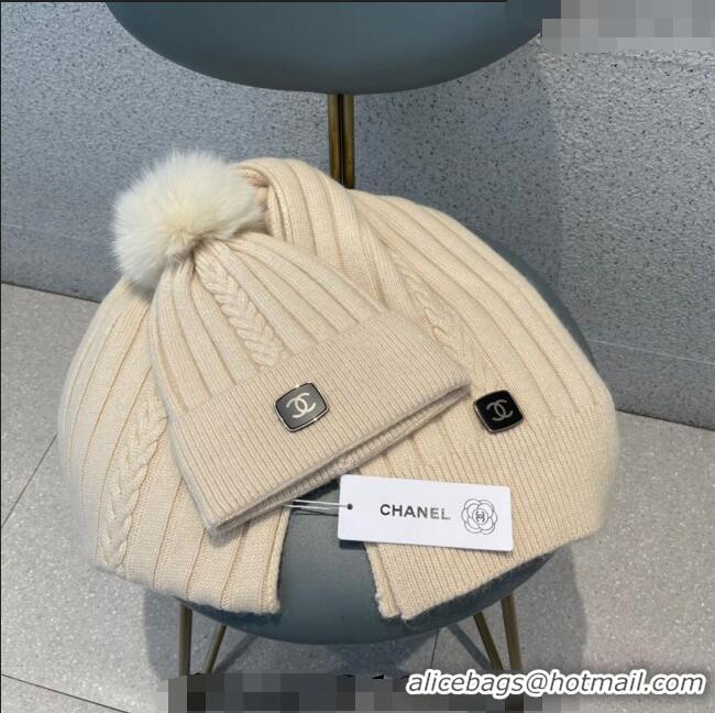 Famous Brand Chanel Knit Hat and Scarf Set CH1206 Beige 2023