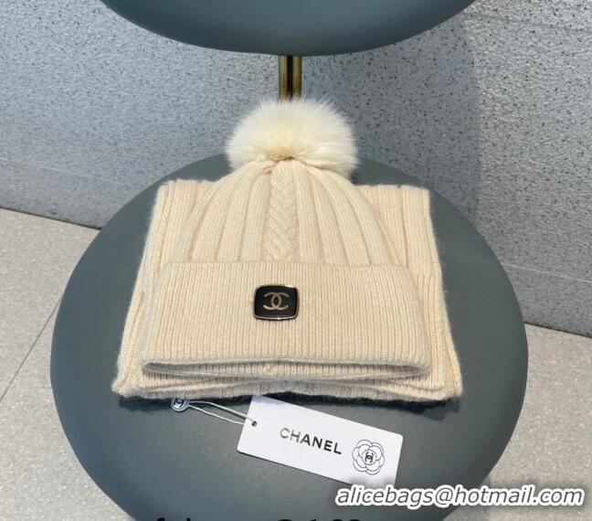 Famous Brand Chanel Knit Hat and Scarf Set CH1206 Beige 2023