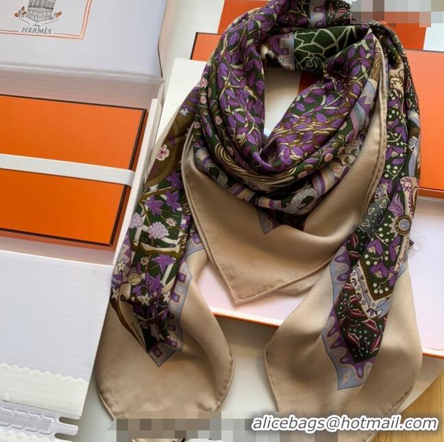 Inexpensive Hermes Cashmere & Silk Sqaure Shawl Scarf 140cm H112140 Green Tree/Purple 2023 TOP