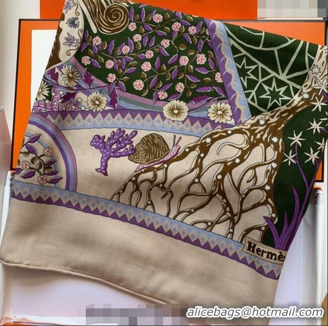 Inexpensive Hermes Cashmere & Silk Sqaure Shawl Scarf 140cm H112140 Green Tree/Purple 2023 TOP