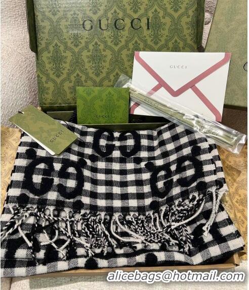 Super Quality Gucci GG Check Wool Scarf 35x240cm 644365 Black 2023