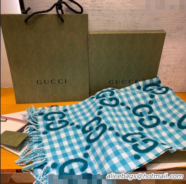 Reasonable Price Gucci GG Check Wool Scarf 35x240cm 644365 Blue 2023