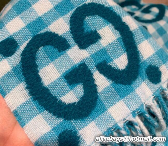 Reasonable Price Gucci GG Check Wool Scarf 35x240cm 644365 Blue 2023