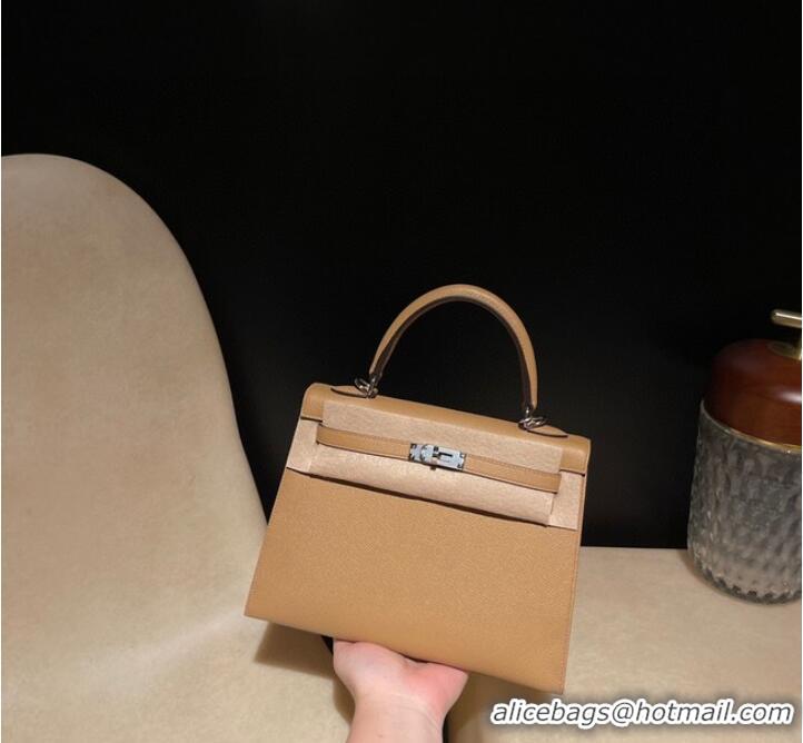 Top Quality Hermes original Kelly Epsom Leather KL25 Brown Gold