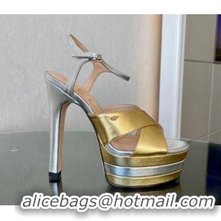 Cheapest Gucci Leather High Heel Platform Sandals 13.5cm with GG Gold/Silver 1106035