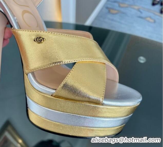 Cheapest Gucci Leather High Heel Platform Sandals 13.5cm with GG Gold/Silver 1106035