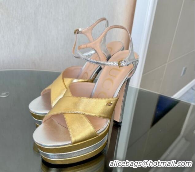 Cheapest Gucci Leather High Heel Platform Sandals 13.5cm with GG Gold/Silver 1106035