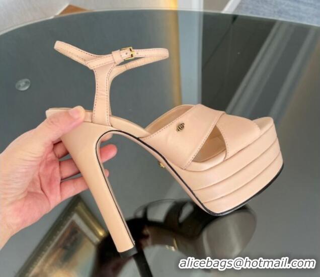 Top Grade Gucci Leather High Heel Platform Sandals 13.5cm with GG Light Pink 106037