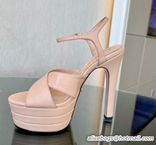 Top Grade Gucci Leather High Heel Platform Sandals 13.5cm with GG Light Pink 106037