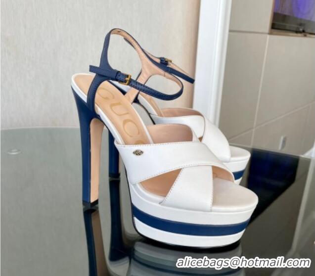 Low Price Gucci Leather High Heel Platform Sandals 13.5cm with GG White/Navy Blue 106038